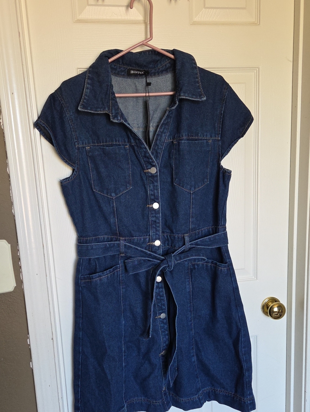 Allegra K Dark Indigo Denim Midi Shirt Dress with Tie Waist